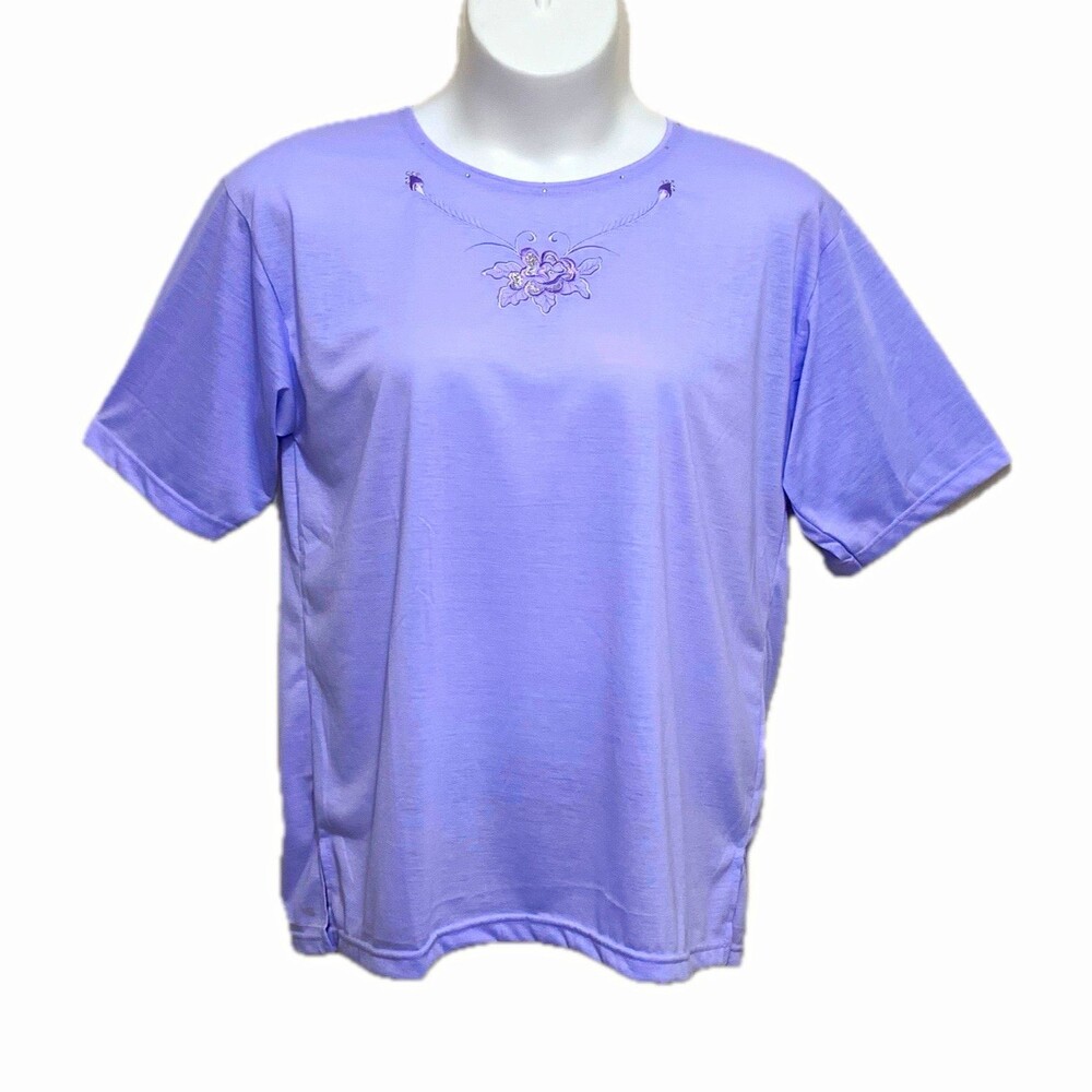 Anne Fashion T-Shirt Womens XXL Purple Solid Knit Embroidered Round Neck Short